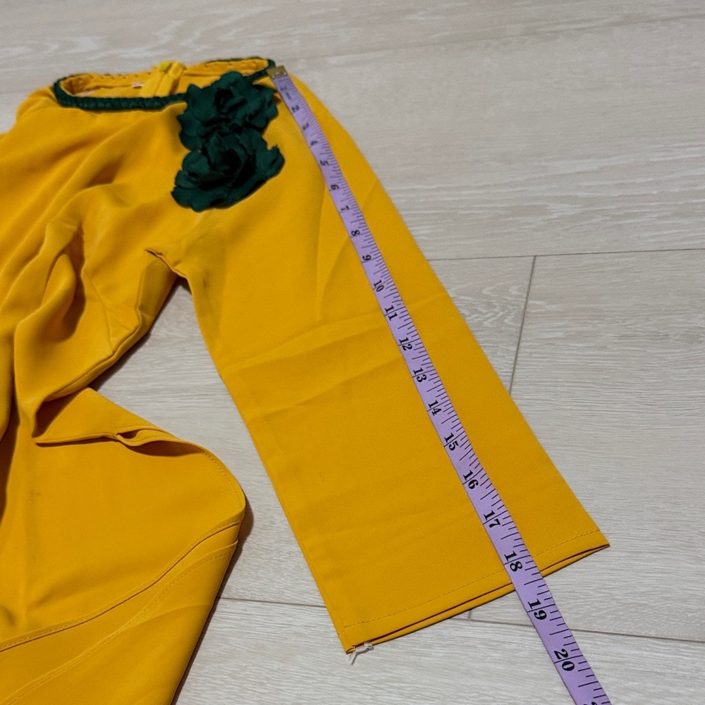 Mustard Ao Dai with Green Floral Accent Set Of 2 Top And Pants - Picture 8 of 9